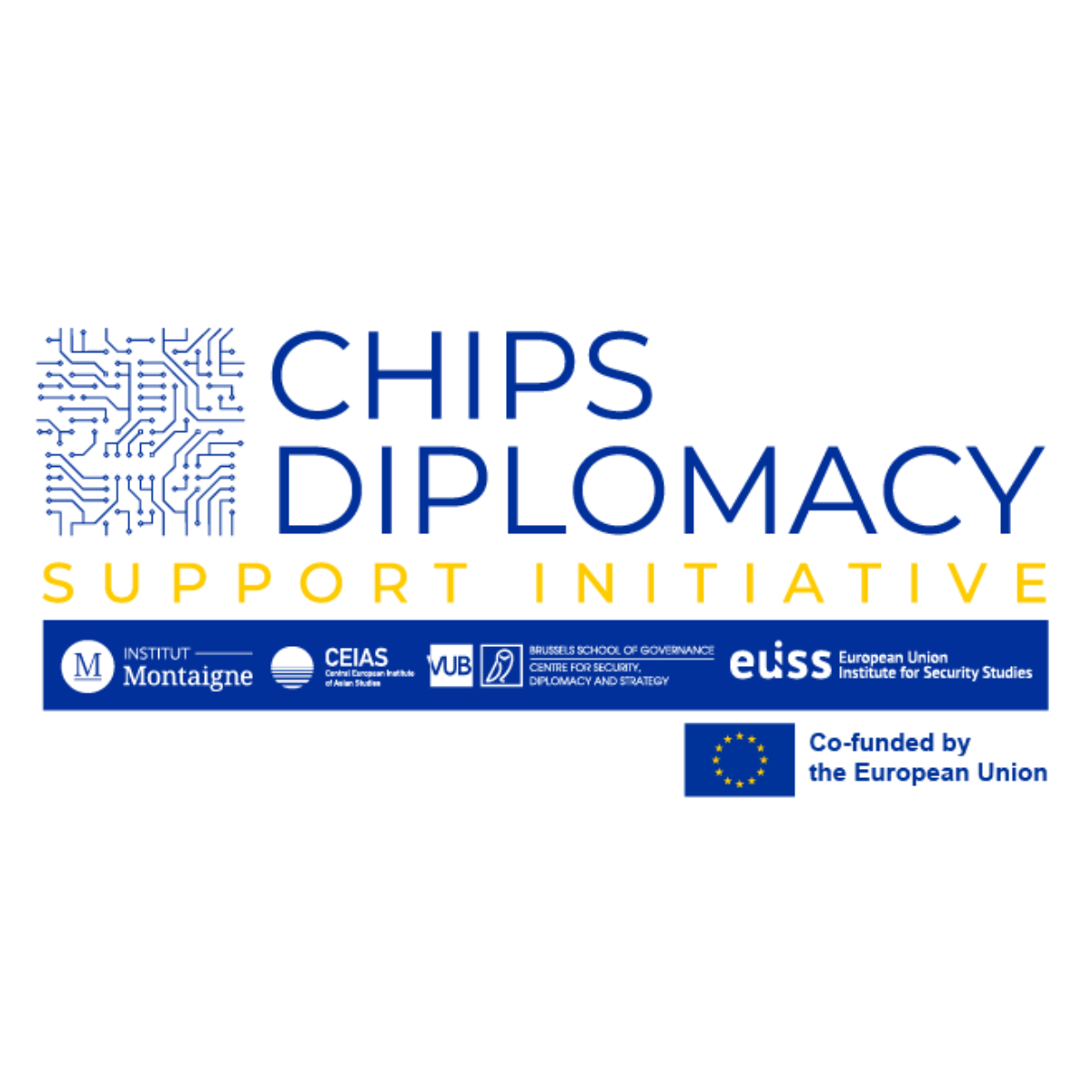 CHIPDIPLO logo: name of project with QR code, EU flag and logos of partners