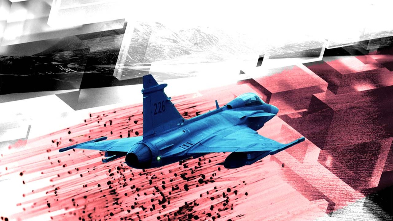 Illustration of a fighter jet in flight, with motion trails and geometric shapes suggesting speed, technology and modern warfare. EUISS composite based on NATO, Denny Muller/Unsplash, Google Deepmind/Unsplash