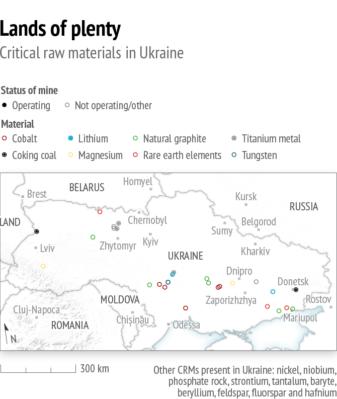A map of Ukraine and surrounding countries showing locations of operating and non-operating mines with various materials including cobalt, lithium, natural graphite, titanium metal, coking coal, magnesium, rare earth elements, and tungsten.