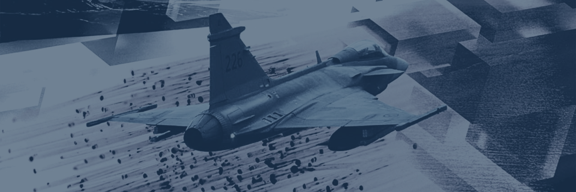 Blue-toned illustration of a fighter jet in flight, with motion trails and geometric shapes suggesting speed, technology and modern warfare. EUISS composite based on NATO, Denny Muller/Unsplash, Google Deepmind/Unsplash