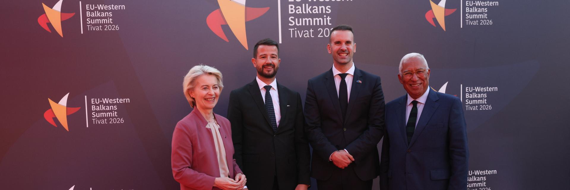 Ursula von der Leyen, Jakov Milatović, Milojko Spajić and António Costa at the EU-Western Balkans Summit in Montenegro. Image credit to the EC Audiovisual Service.