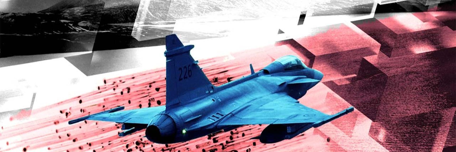Illustration of a fighter jet in flight, with motion trails and geometric shapes suggesting speed, technology and modern warfare. EUISS composite based on NATO, Denny Muller/Unsplash, Google Deepmind/Unsplash