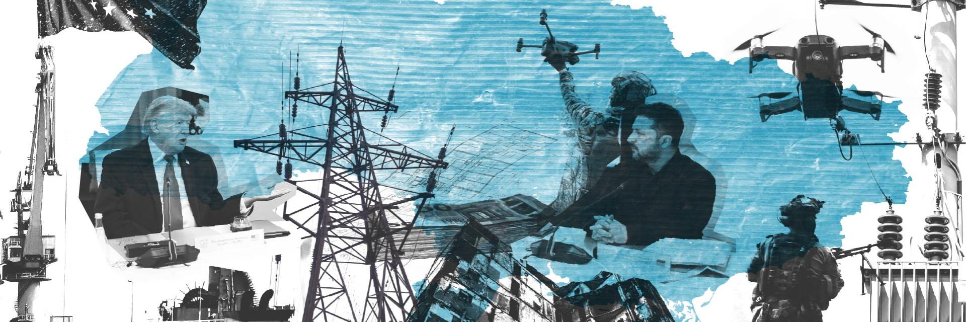 Collage of war and infrastructure featuring power lines, drones, a soldier, damaged buildings, utility equipment, the European Union flag, and political leaders meeting against a blue map silhouette. The composition introduces a publication focused on conflict, energy security, technology, and geopolitics.