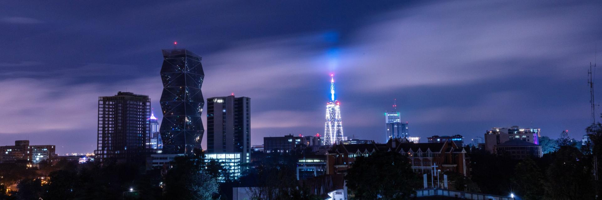 Nairobi cityscape by night. Image credit to Antony Trivet.