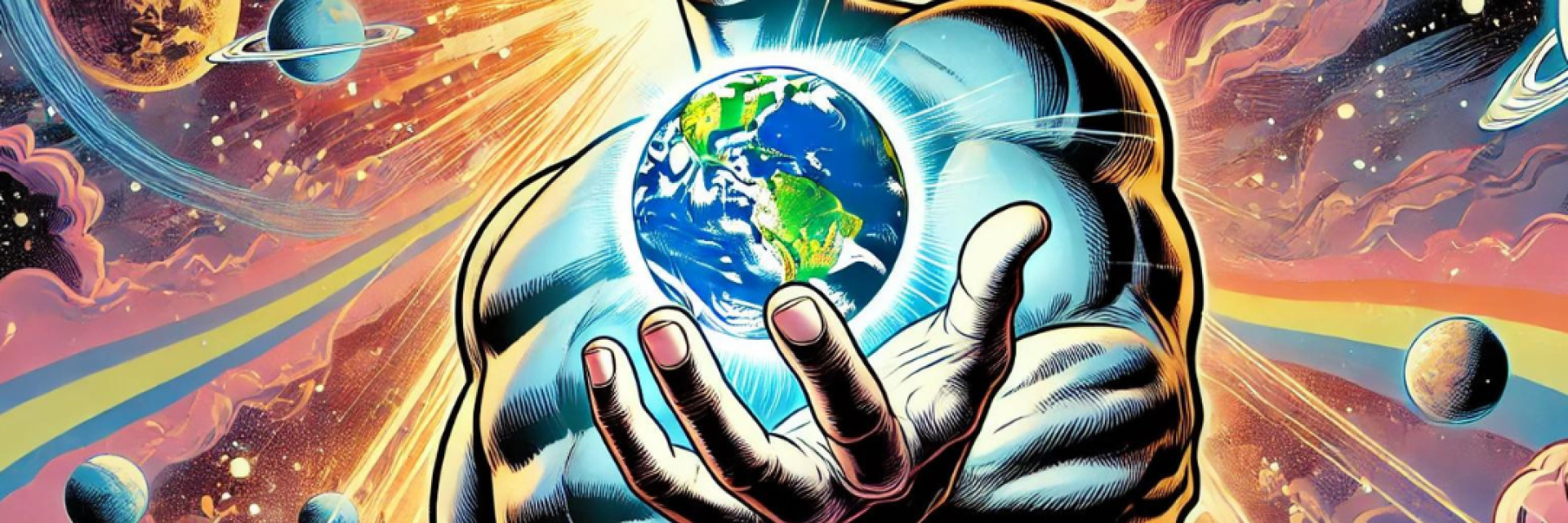Cartoon drawing of a heroic figure holding a globe © Created with ChatGPT