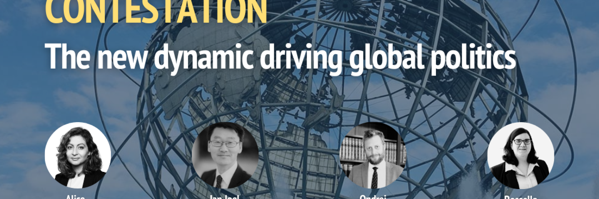 Title of the event on globe background and photos of speakers © EUISS