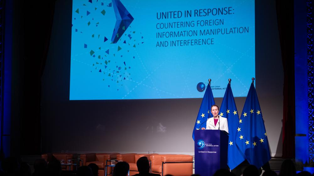 Kaja Kallas speaking at podium. Credit photo: European Union 2025