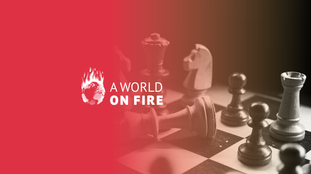 Logo of globe in fire with the title "A world in fire". Background of chess board.