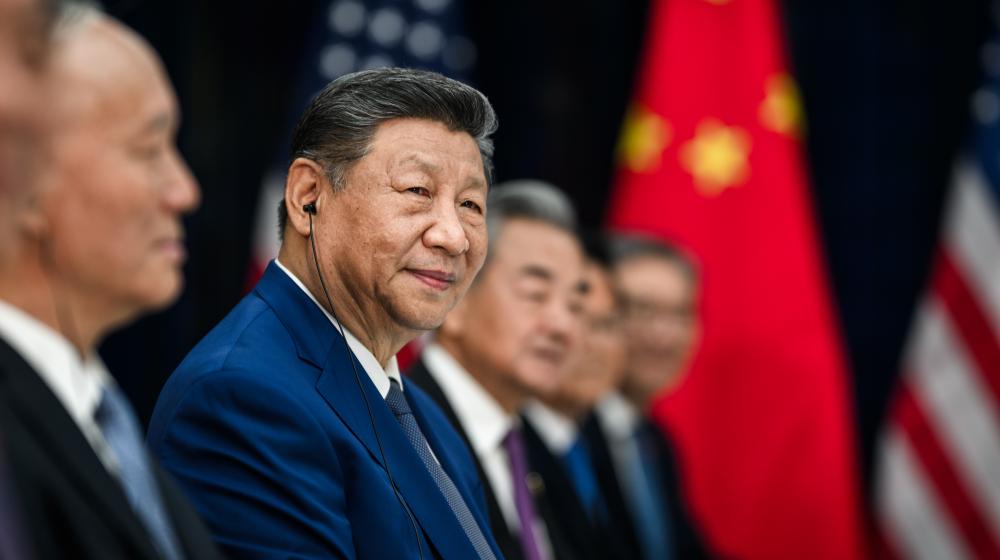 Close-up of President Xi Jinping with chinese flag in the background. Copyright: European Union, 2025 
