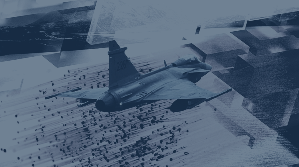 Blue-toned illustration of a fighter jet in flight, with motion trails and geometric shapes suggesting speed, technology and modern warfare. EUISS composite based on NATO, Denny Muller/Unsplash, Google Deepmind/Unsplash
