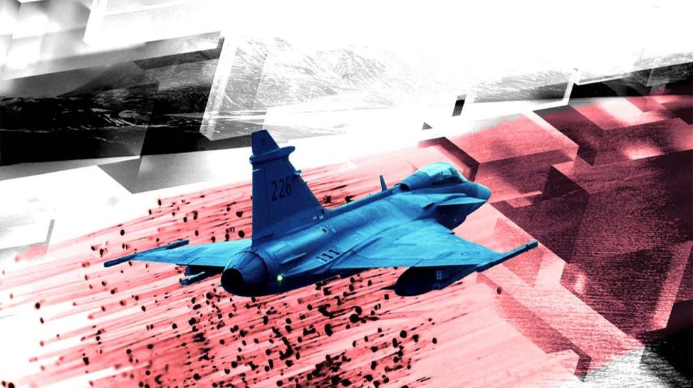 Illustration of a fighter jet in flight, with motion trails and geometric shapes suggesting speed, technology and modern warfare. EUISS composite based on NATO, Denny Muller/Unsplash, Google Deepmind/Unsplash