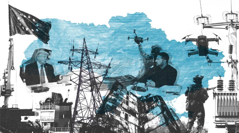 Collage of war and infrastructure featuring power lines, drones, a soldier, damaged buildings, utility equipment, the European Union flag, and political leaders meeting against a blue map silhouette. The composition introduces a publication focused on conflict, energy security, technology, and geopolitics.