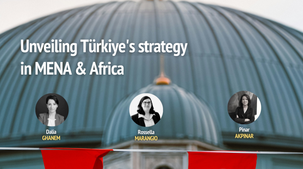 Title of the event on Turkish flags backgrounds + photos of speakers © EUISS