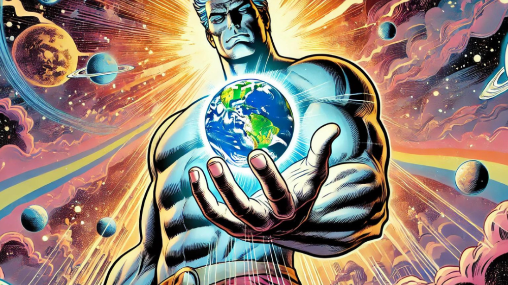 Cartoon drawing of a heroic figure holding a globe © Created with ChatGPT