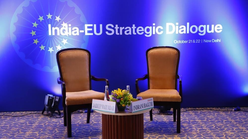 2 chairs in front of black background indicating "India-EU Strategic Dialogue" © Ananta Aspen Centre 