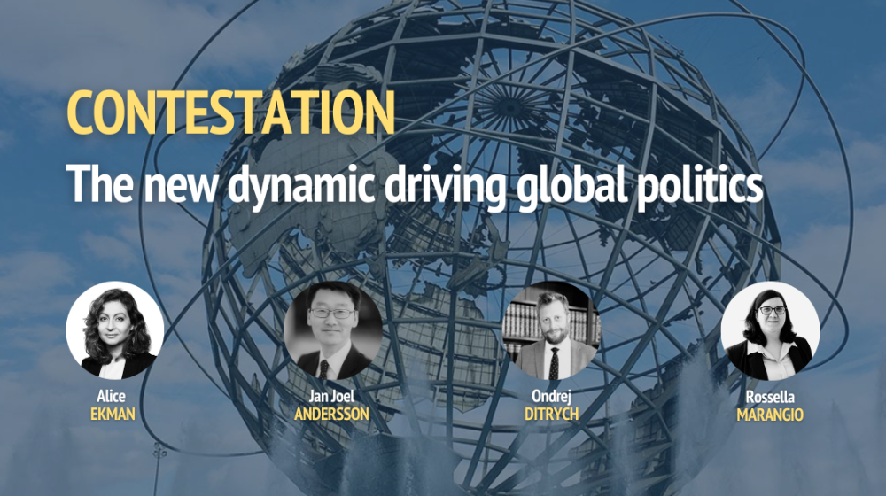 Title of the event on globe background and photos of speakers © EUISS